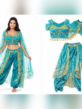 Jasmine Inspired Costume Set ✨ Teal & Gold Belly Dance Outfit Small